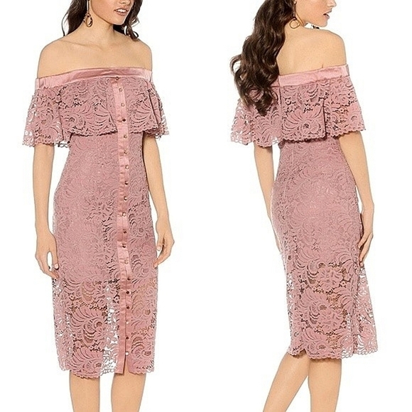 Keepsake The Label Blush Star Crossed Off Shoulder Lace Midi Mauve Dress - Picture 1 of 13
